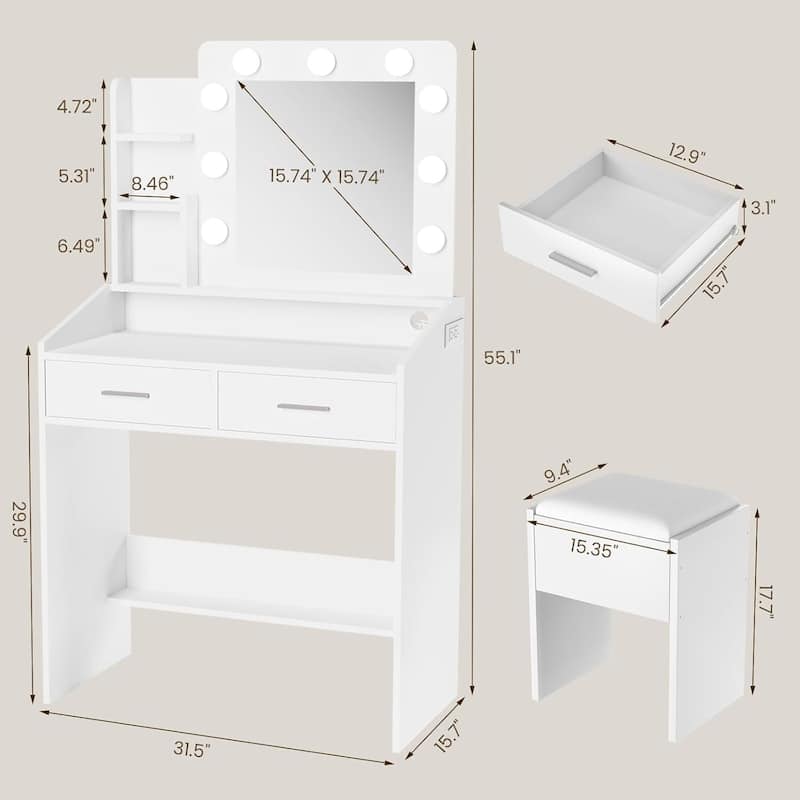 Modern Dressing Table, Makeup Vanity Desk with Mirror and Lights for Bedroom