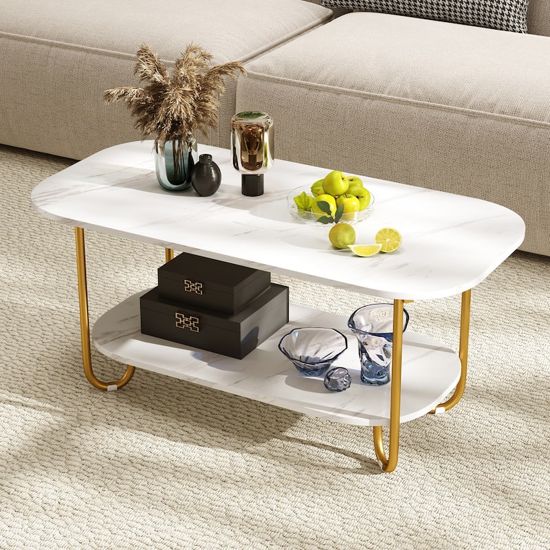 Gymax Faux Marble Top Coffee Table w/Metal Frame Rounded Corners &