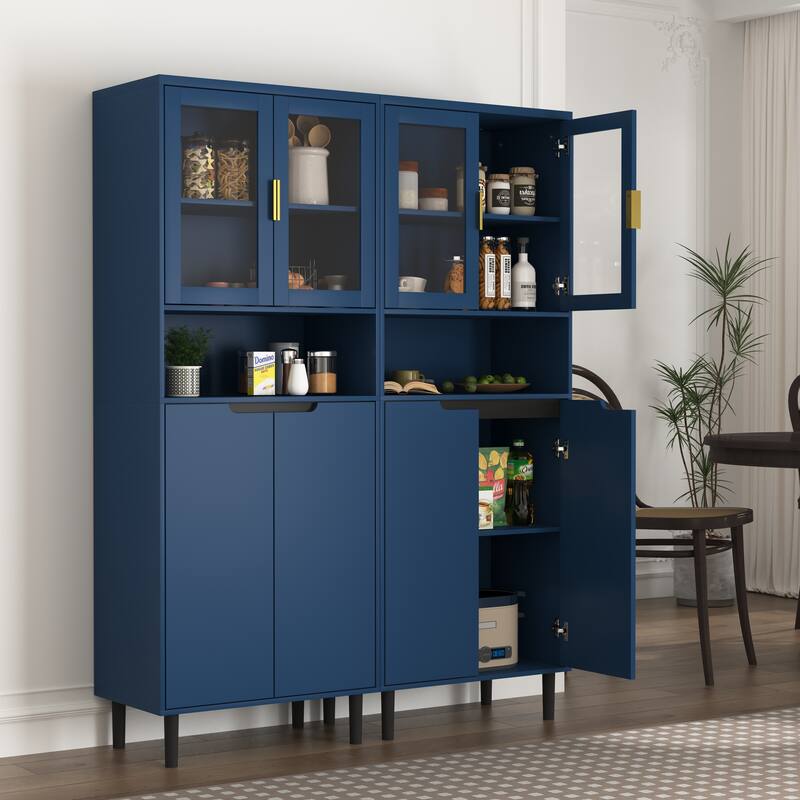 Tall Storage Show Cabinet with 2 Glass Display Door & 2 Doors, Tall Kitchen Pantry Cabinet with Gold Handles