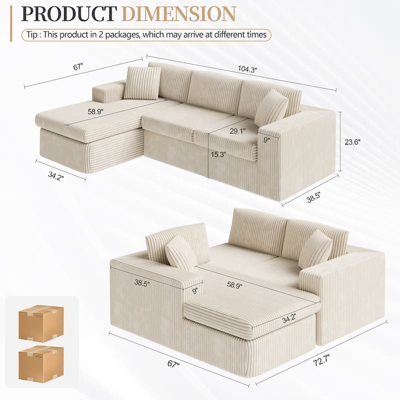 Futzca No-Assembly Modular Sofa, Corduroy Couch with High-Density Foam