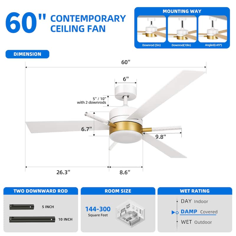 Modern 60 inch Ceiling Fan with Light and Remote Control