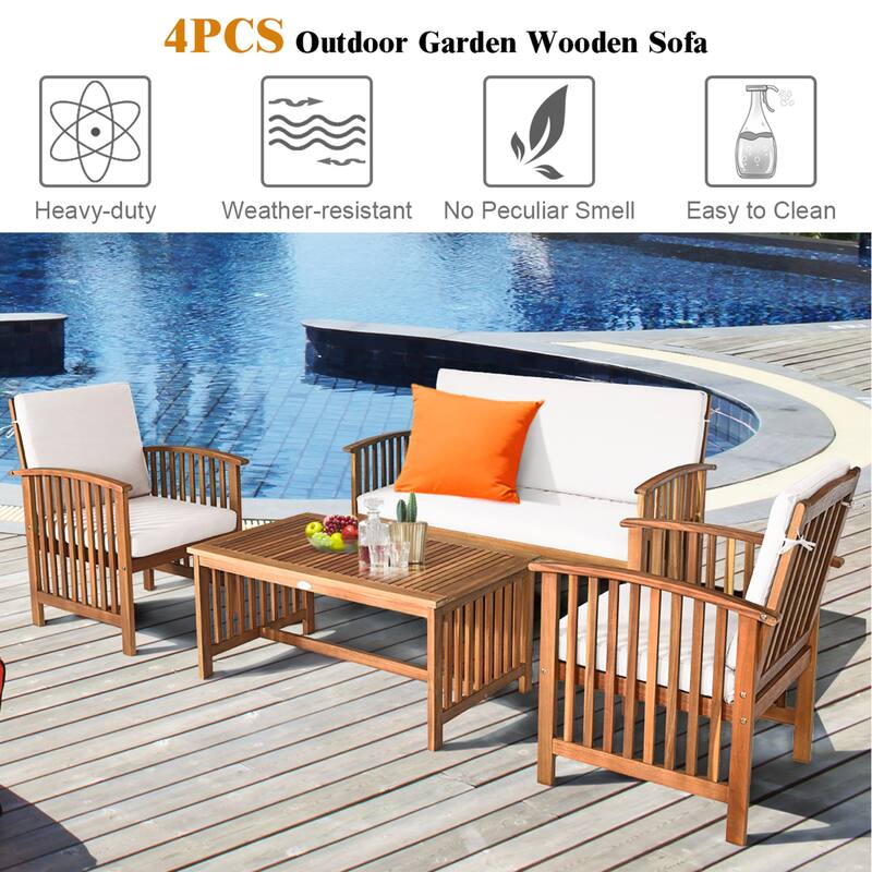 Costway 4PCS Patio Solid Wood Furniture Set Conversation Coffee Table - 4-Piece Sets