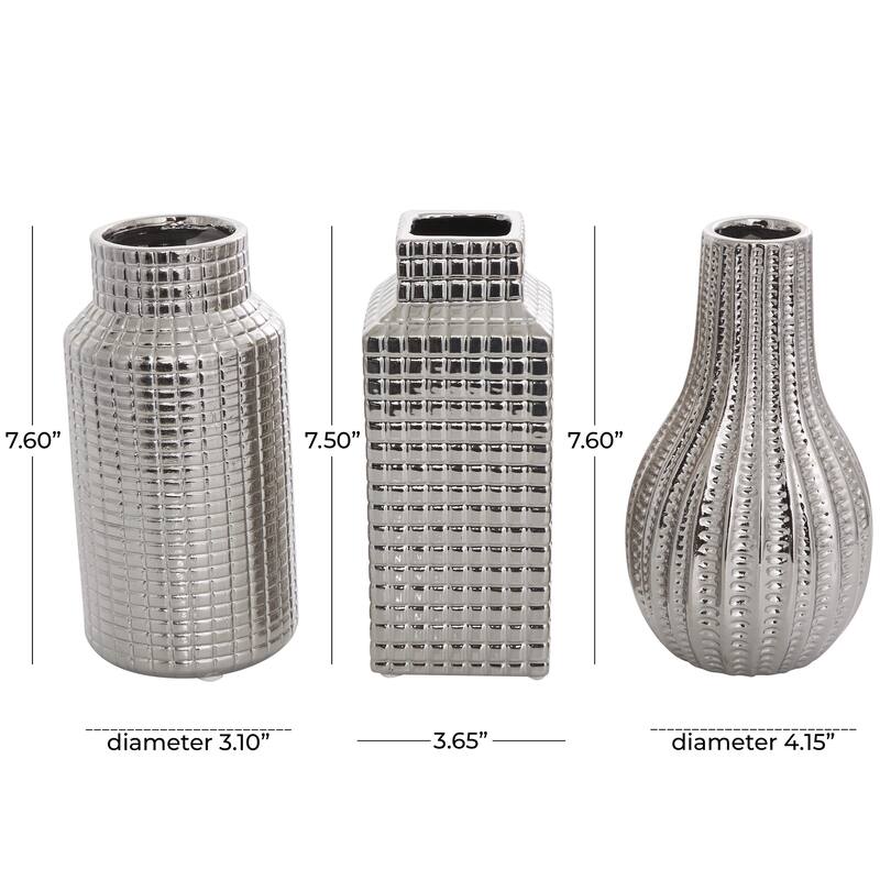 Ceramic Geometric Dimensional Textured Decorative Vase with Varying Shapes - Set of 3 Gold, Silver, Cream - Roche River Decor