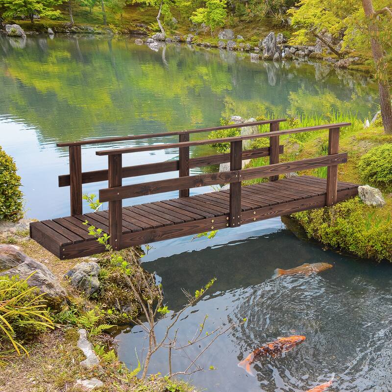 Outsunny 7' Wooden Garden Bridge with Safety Rails, Backyard Footbridge for Ponds, Creeks, Streams, Stained Finish - Tan