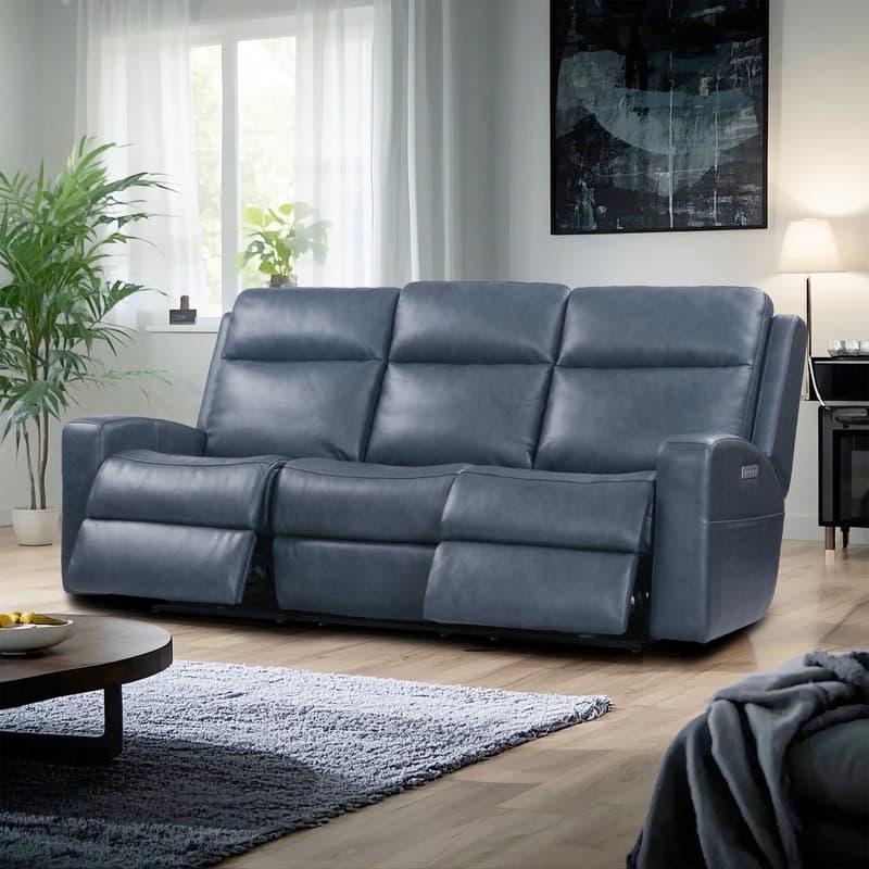 89" Wide Top Grain Leather Power Reclining Sofa Electric Recliner Sofa with Storage, USB Charge Port, Adjustable Headrest