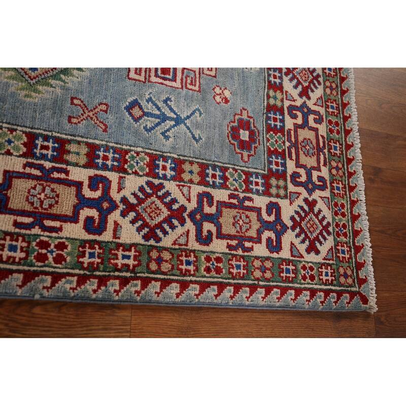 Light Blue Geometric Kazak Oriental Rug Handmade Bedroom Wool Carpet - 3'11" x 6'0"