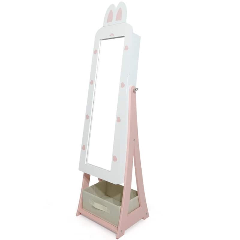 Kids MDF Bunny Jewelry Cabinet In Pink Jewelry Armoire With Mirror, 1 Door And 1 Fabric Drawer - White