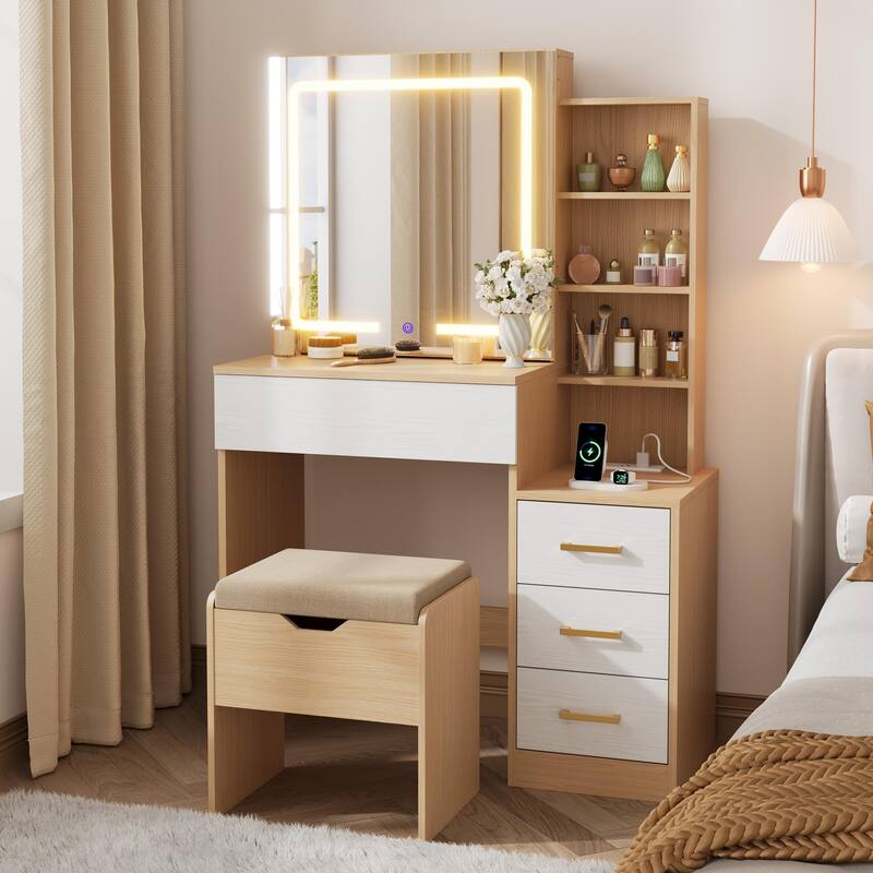 Modern Makeup Vanity with Sliding Mirror, 4 Drawers & 7 Shelves, 3 Light Colors, Charging Port & Stool Set