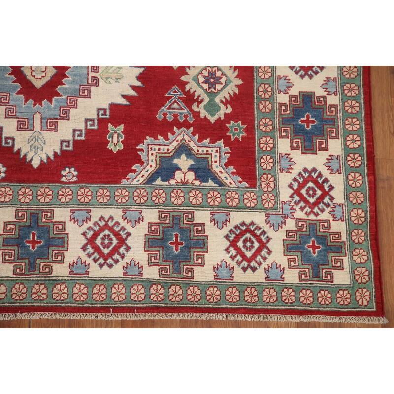 Hand Knotted Oriental 100% Wool Carpet Traditional Geometric Red Kazak Area Rug - 9' 10'' X 6' 8''