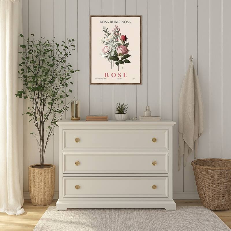 Vintage Botanical Rose Illustration by Christopher Giampietro Framed Canvas Wall Art Print