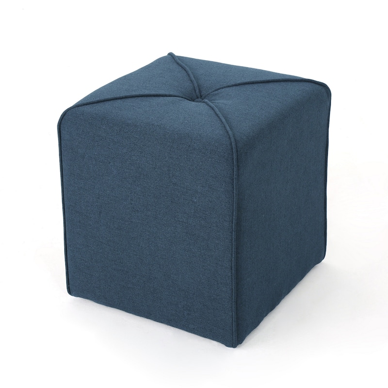 Liasa Ottoman, Navy Blue Fabric, Cube Shaped Plush Cushion, 17 Inch