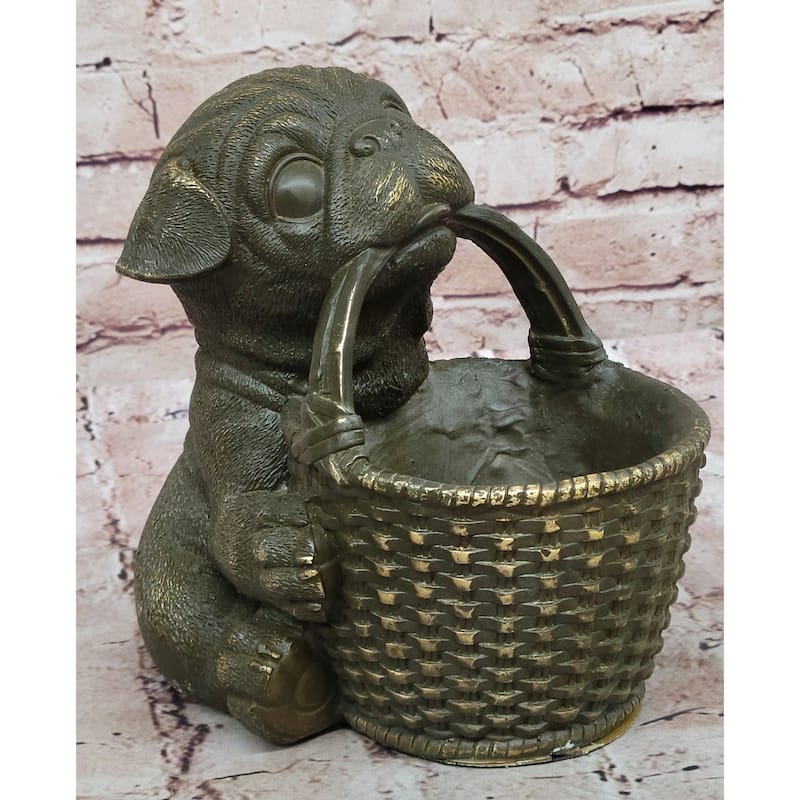 Bronze Pug Puppy Holding Woven Basket – Dog Figurine