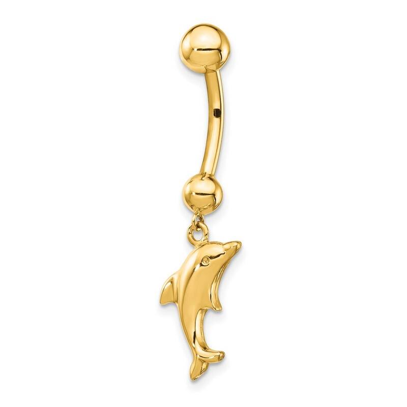Curata Solid 14k Yellow Gold 10mm Dolphin Dangle Belly Ring (10mm x 35mm)