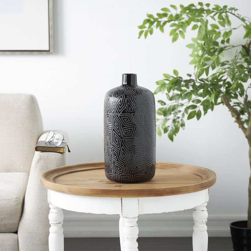 Ceramic Decorative Vase with Geometric Etchings - Black - Roche River Decor
