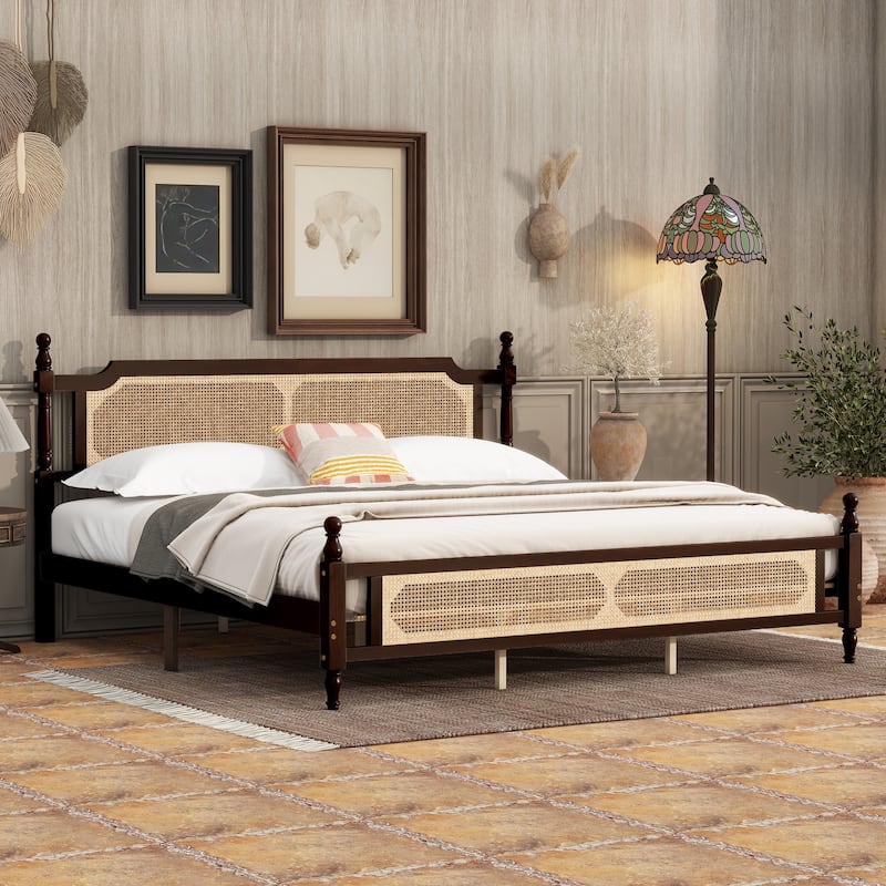 King Size Pine Wooden Bed with Rattan Headboard & Footboard w/ Central Enhanced Platform Bed for Guestroom, Bedroom
