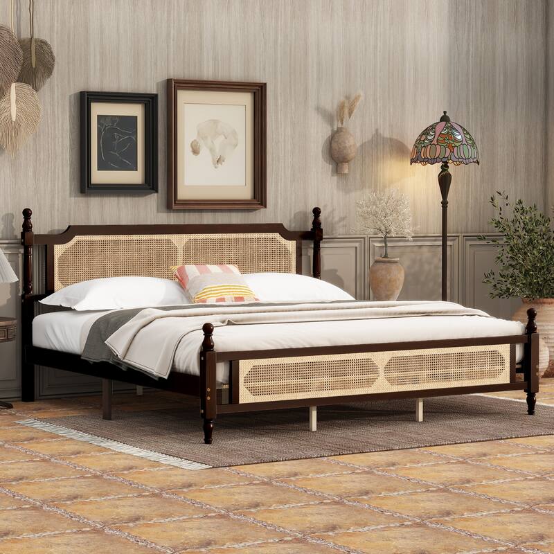 Pine wooden Bed with Rattan Headboard