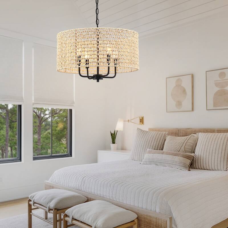 20 in. 4-Light Rattan Tiered Drum Chandelier Light with Black Canopy