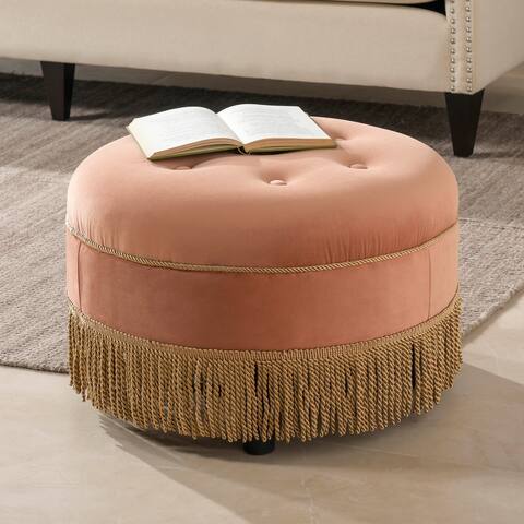 Yaris 25" Tufted Round Footstool Ottoman with Rope Fringe
