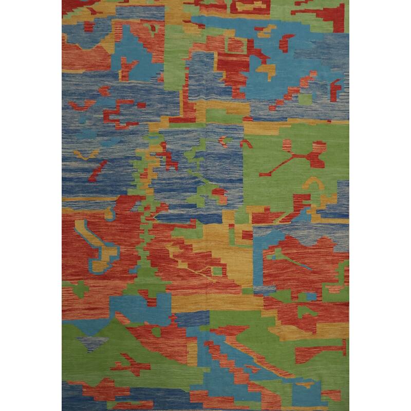 Hand Woven Oriental 100% Wool Carpet Southwestern Modern Multi-Colored Kilim Area Rug - 9' 10'' X 8' 2''