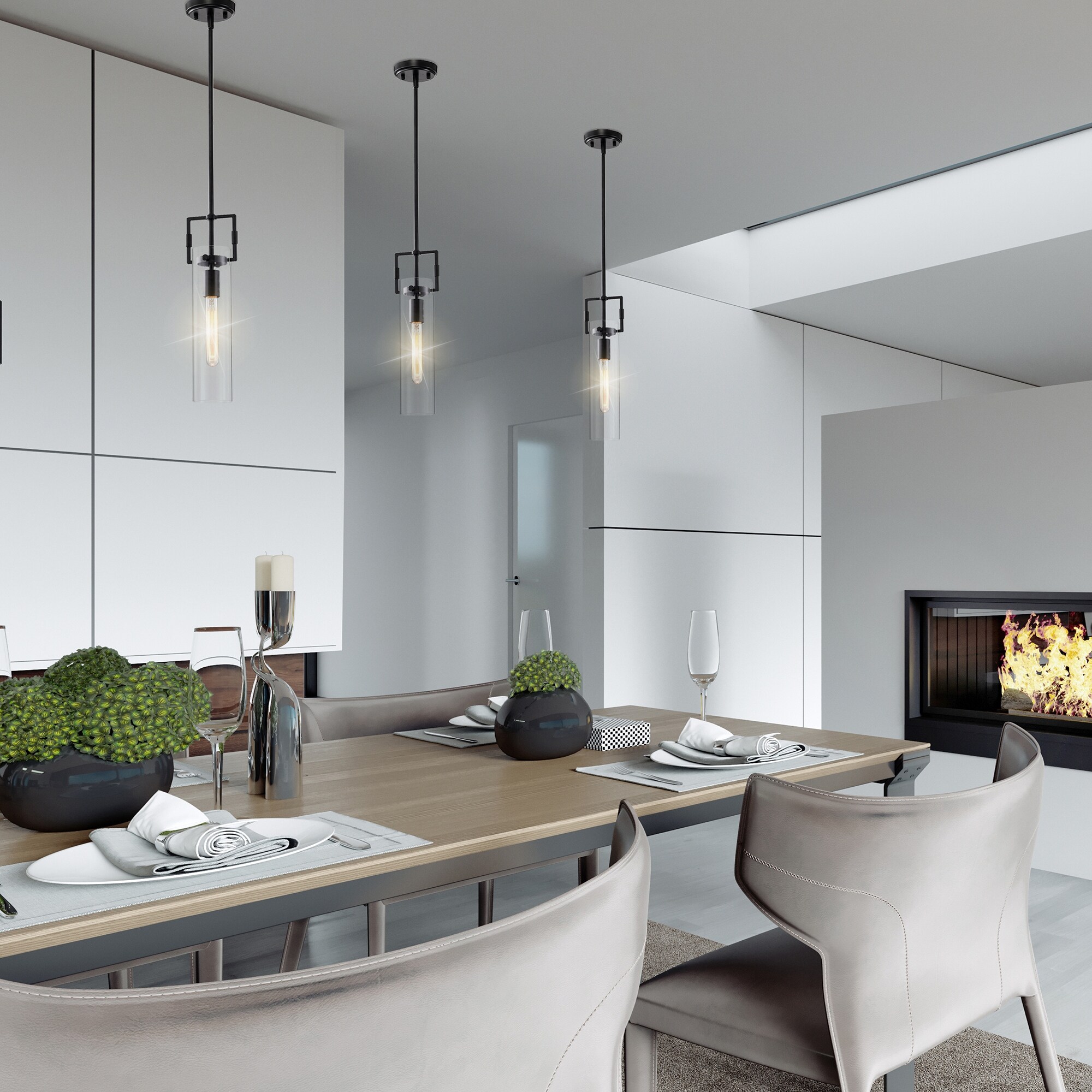 1-Light Matte Black Mini Pendant with Clear Cylindrical Glass