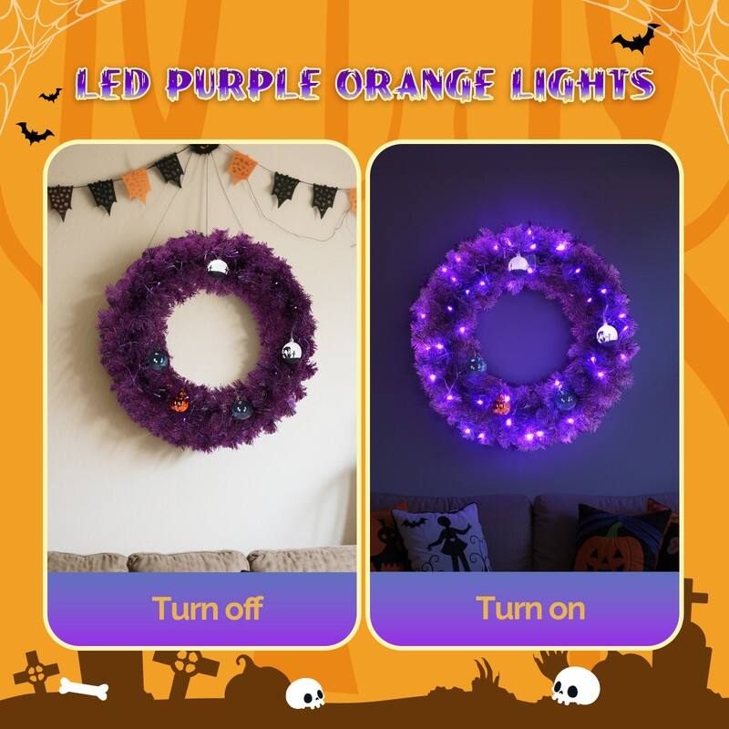 24in Pre-lit Halloween-Themed Christmas Wreath, Lighted Artificial Wreath with Lights and Ornaments, for Xmas Party Decorations