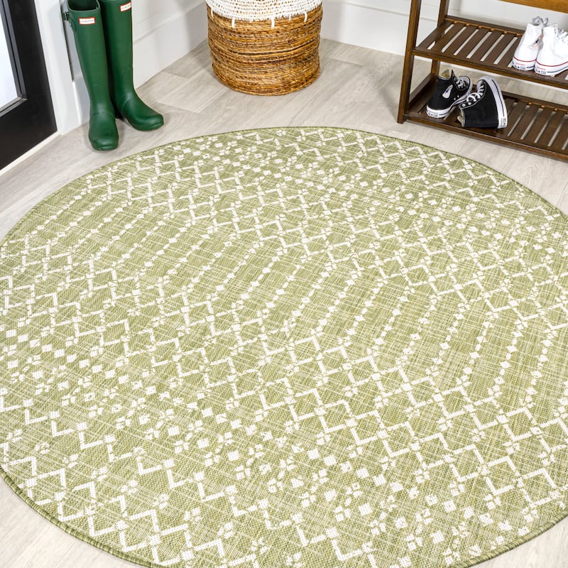 JONATHAN Y Trebol Moroccan Geometric Textured Weave Indoor/Outdoor Area Rug - 5' Round - Light Green/Cream