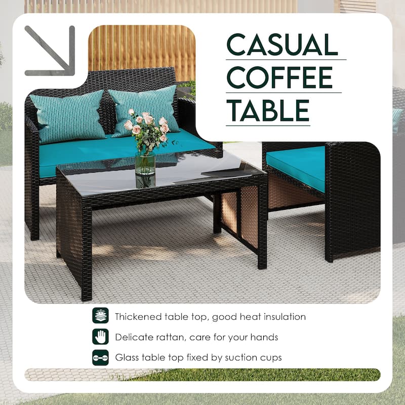 EROMMY 4-Piece Patio Furniture Set with Cushions, Wicker Sofa and Glass Coffee Table, All-Weather PE Rattan Conversation Set.