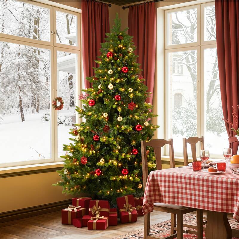EROMMY 7.5ft Pre-lit Christmas Tree with 500 Lights, Snow Flocked Artificial Tree with Cones and Ornaments