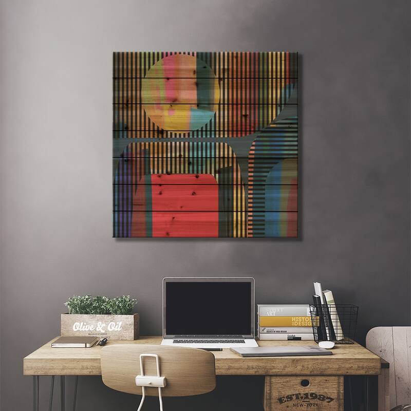 Circle And Lines Print On Wood by Angel Estevez - Multi-Color