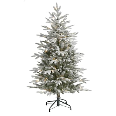 4.5ft. Flocked Spruce Artificial Christmas Tree with 100 Lights and 357 Bendable Branches - Cozy Compact Snowy X-Mas Tree