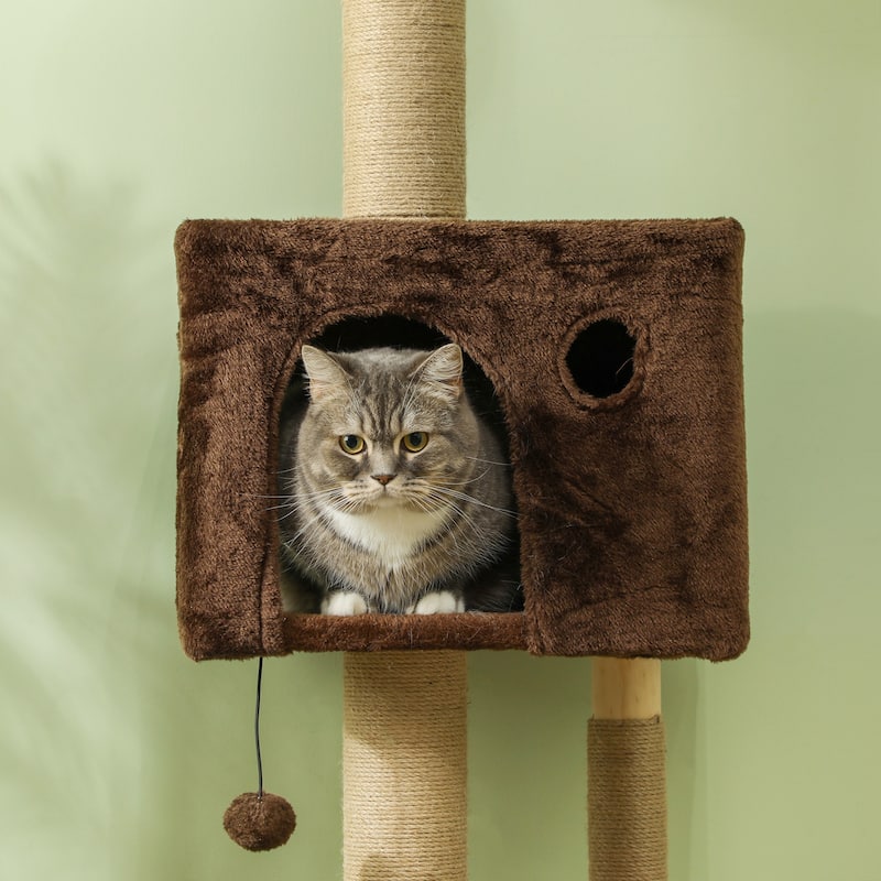 PawHut Floor to Ceiling Cat Tree Cat Tower, Adjustable Height 89"-104" with Cat Condo, Scratching Posts, Brown