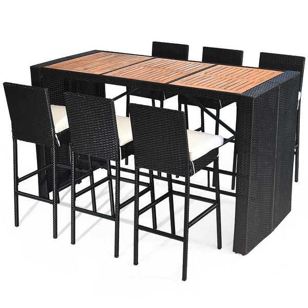 slide 2 of 6, 7 PCS Outdoor Dining Set Patio Wicker Bar Table Set with Cushions Black