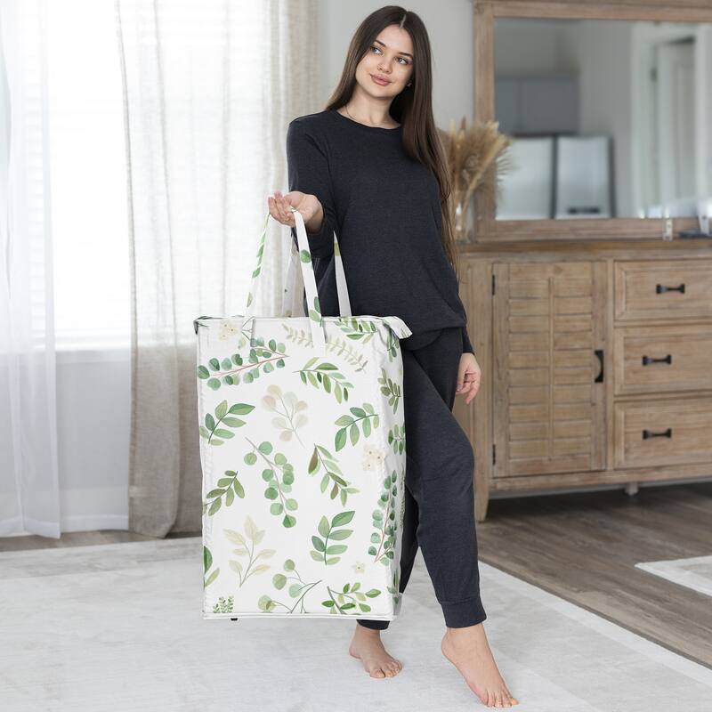 Sweet Jojo Designs Green Boho Floral Leaf Boy Girl Gender Neutral Foldable Laundry Hamper with Handles White Bohemian Watercolor