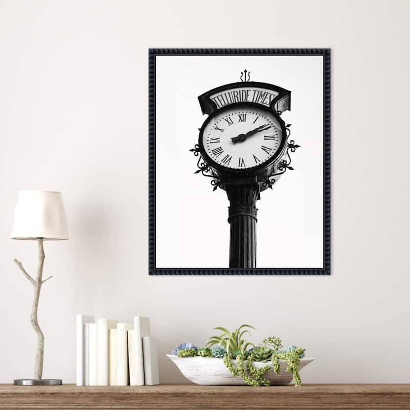 Vintage Street Clock with Marked Telluride Times by Del Mundo Imagery Framed Canvas Wall Art Print - Sylvie Beaded Black