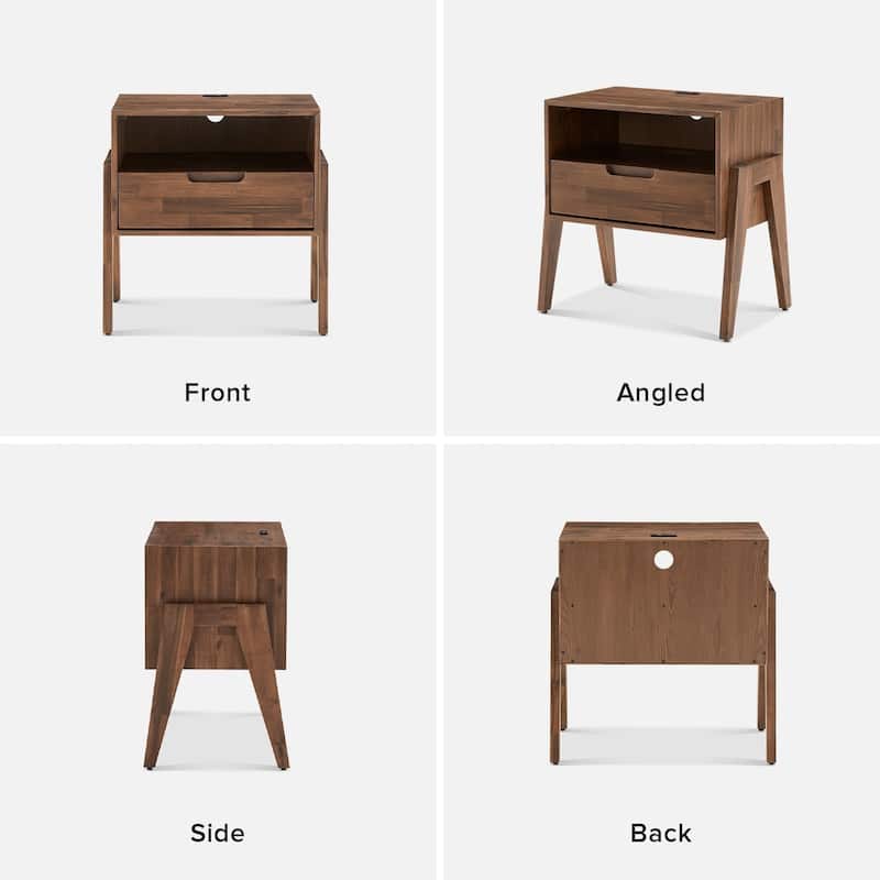 Mopio Ted Solid Wood Night Stand with Charging Station, Mid Century Modern Nightstand, Small Side Table