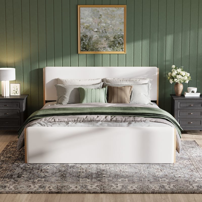 Christopher Knight Home - Mapleton Contemporary Wood Upholstered Panel Bed with Padded Headboard and Footboard - Beige+Natural - King