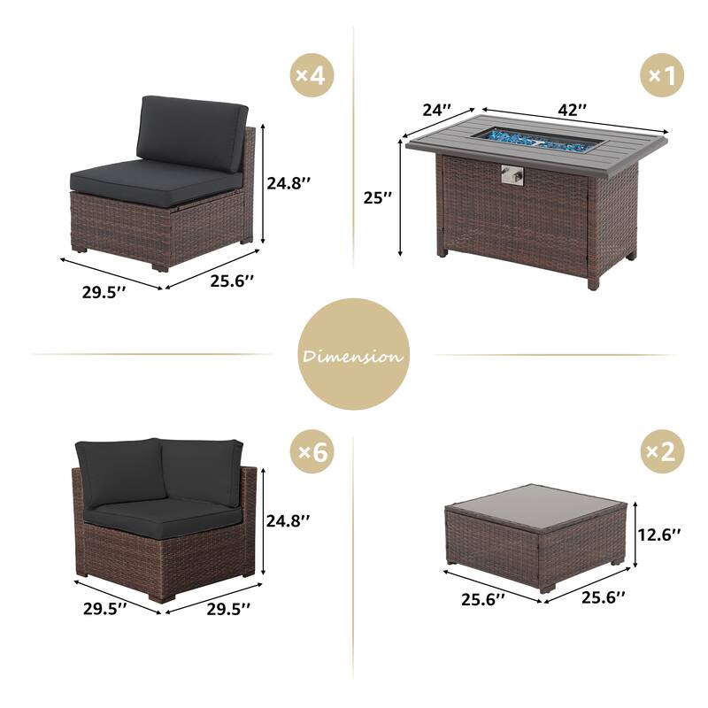 13 Piece Wicker Set Patio Sofa Furniture with Fire Pit And Table