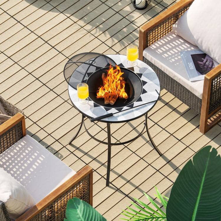 25.5 Inches Round Fire Pit Table with Mesh Cover and Fire Poker - 25.5" x 25.5" x 27.5" (L x W x H)