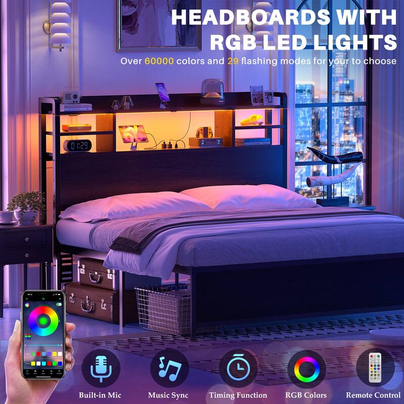 Storage Headboard with USB Port and Power Outlet, Head Board with LED Light for Bed Frame