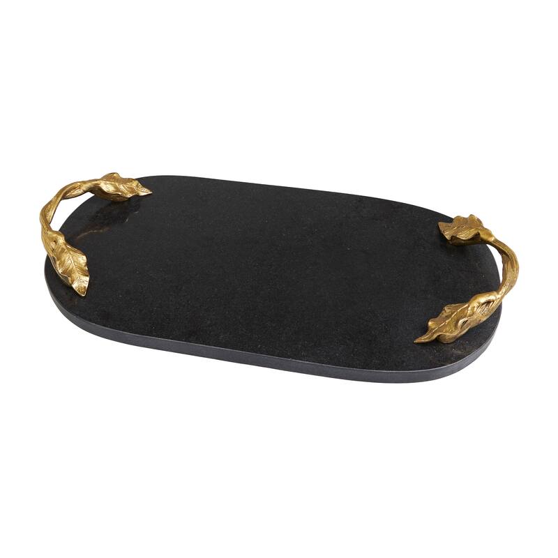 Black Marble Oval or Rectangle Tray with Gold Leaf Handles
