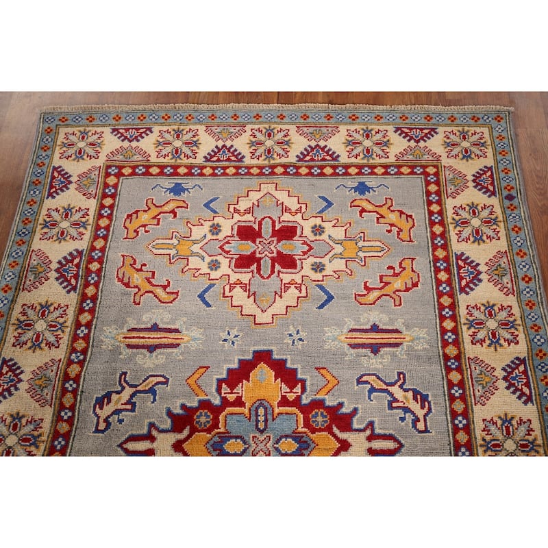 Geometric Kazak Area Rug Hand-Knotted Bedroom Wool Carpet - 4'1" x 6'0"