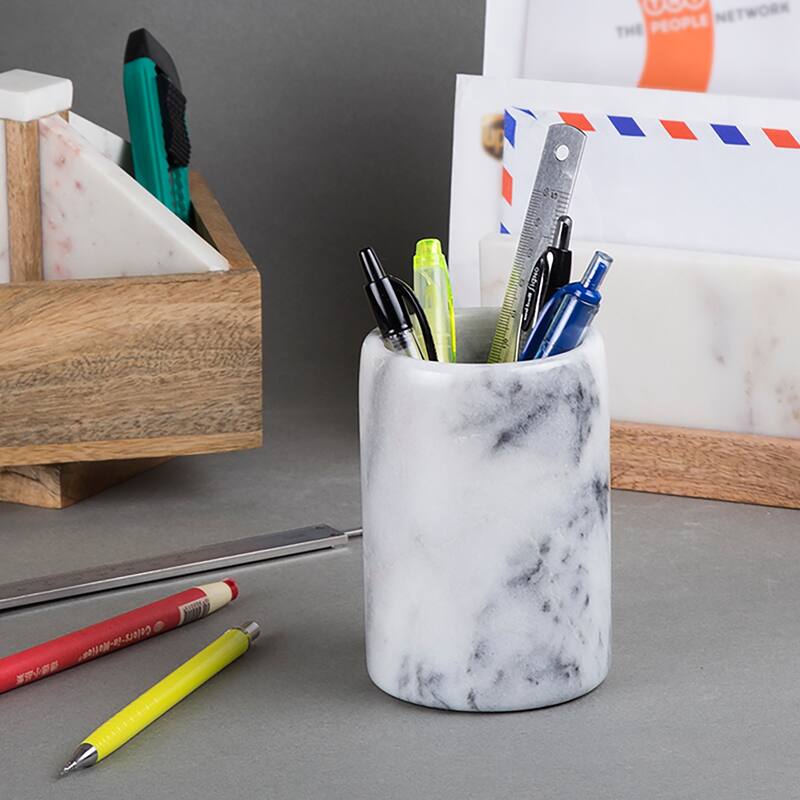 Creative Home Natural Off-White Marble Pen Pencil Holder Cup, Makeup Brush Organizer