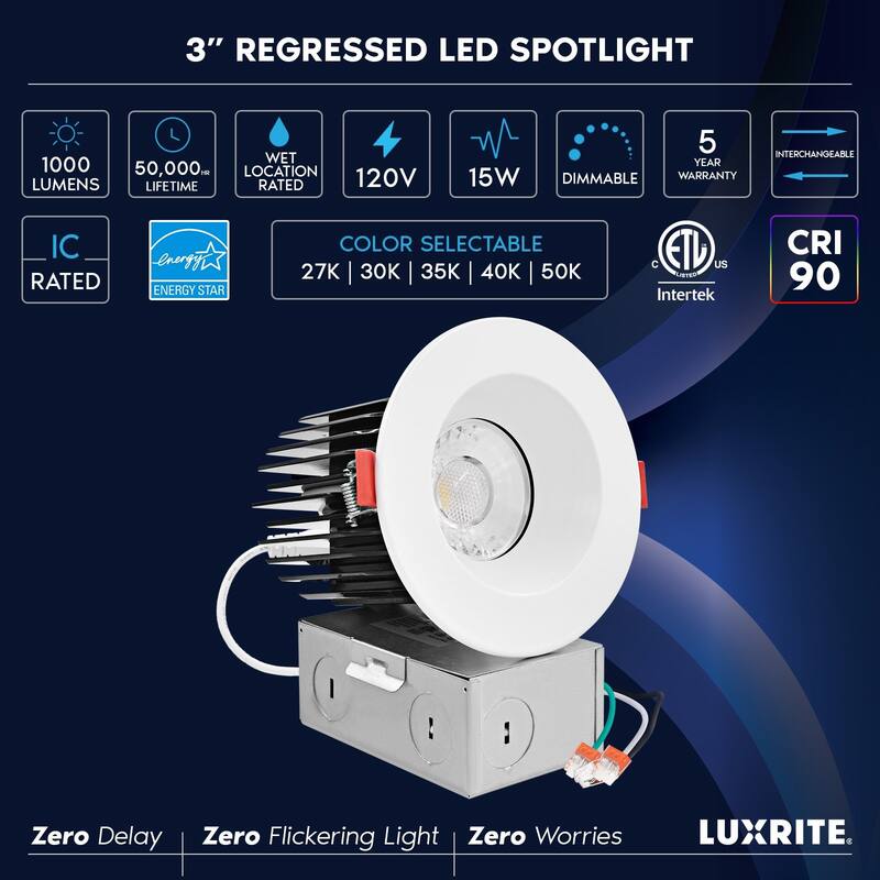 Luxrite 3 Inch LED Recessed Lights with J-Box, CRI 90, 5CCT 2700K-5000K, 1000LM, 15W, Dimmable, Wet Rated