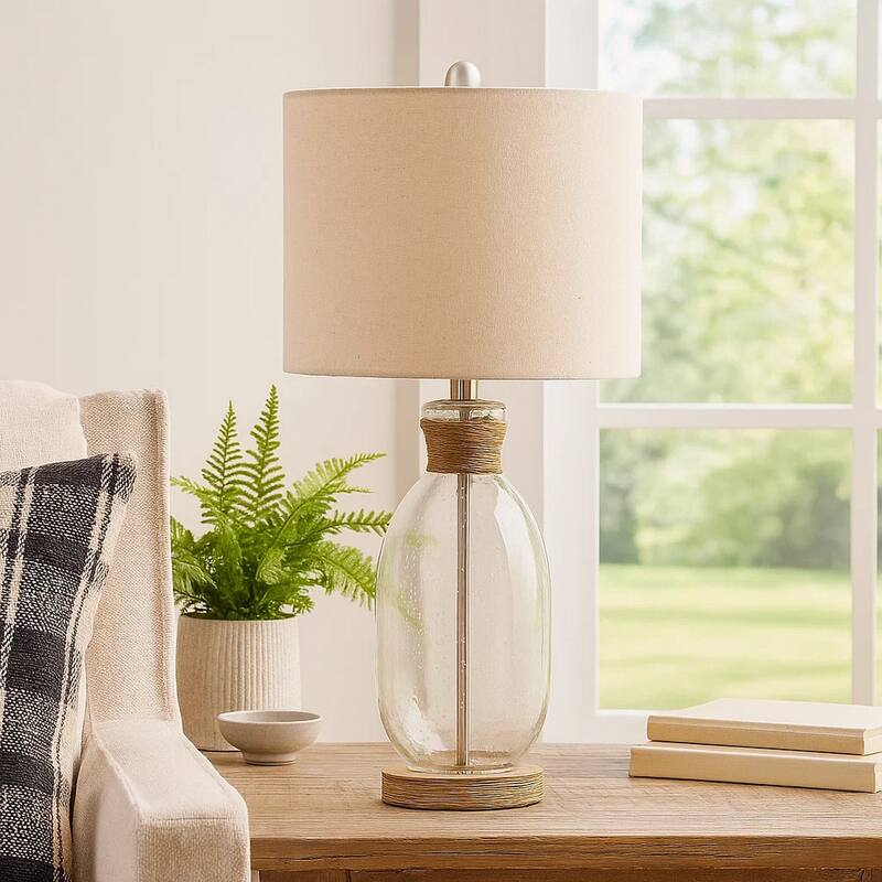Table Lamp with Bubble Glass Body and Rope Accent, Beige