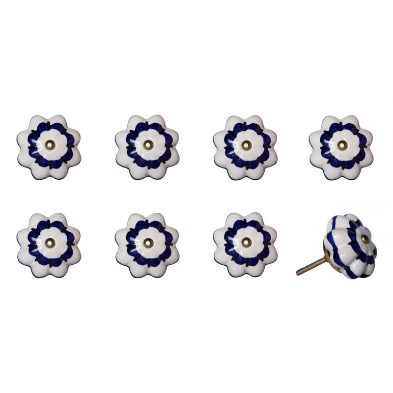 Set of 8 Hand-Painted Blue & White Ceramic Cabinet Knobs Traditional Floral Design with Metal Base - 1.5" x 1.5" x 1.5"