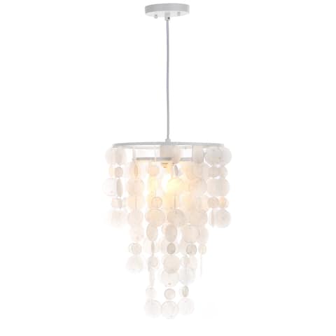 SAFAVIEH Lighting Pearl Capiz 1-Light White Adjustable Pendant Lamp - 13"x13"x20.5-92.5"