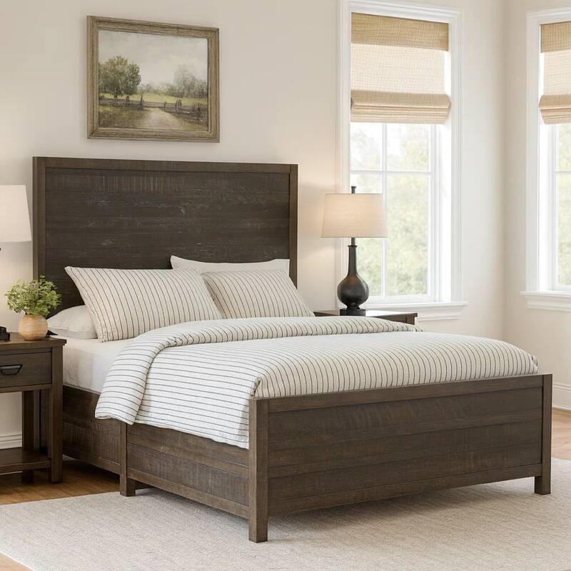Cas King Size Bed, Rustic Rough Hewn Solid Wood Planks, Dark Gray Wood