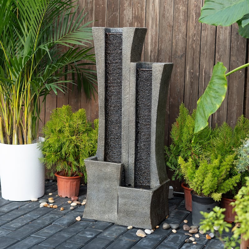 39.76” H Modern Outdoor Water Fountain Indoor Cascading Floor-Standing Fountains with Led Lights 2-Curved Column Waterfall - Floor