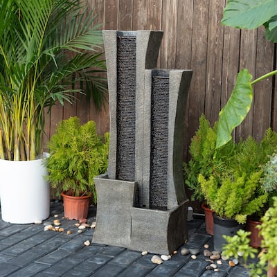 39.76” H Modern Outdoor Water Fountain Indoor Cascading Floor-Standing Fountains with Led Lights 2-Curved Column Waterfall