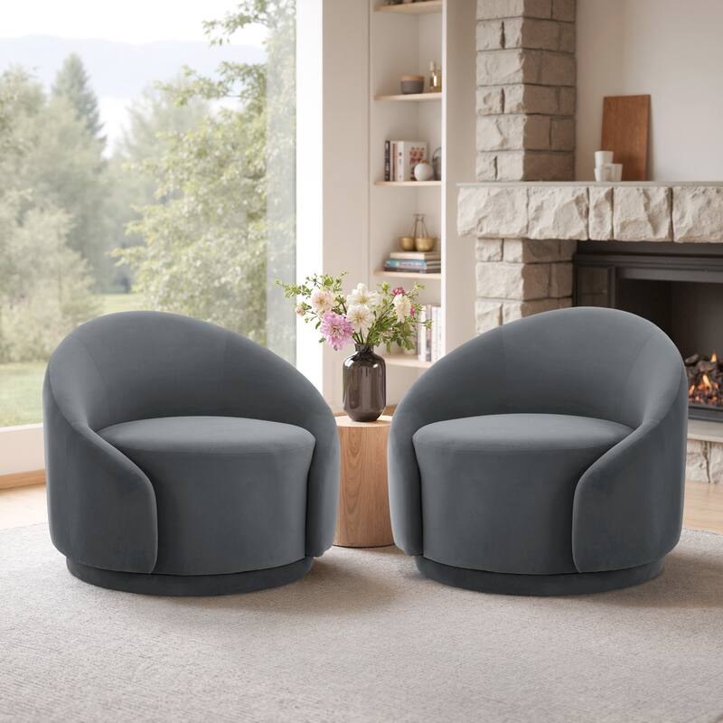 35" W Modern Upholstered Velvet/ Boucle Barrel Swivel Chair - Set of 2 - Grey/ Velvet